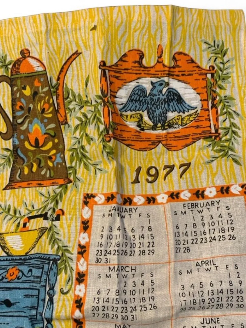 NOS Vintage 1977 Yellow Kitchen Calendar Tea Towel